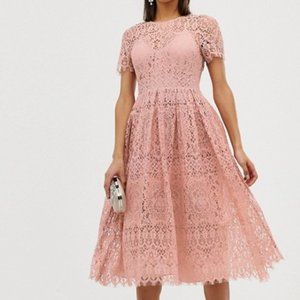 Asos 8 Pink Ribbon Tie Open Back Lace Midi Dress